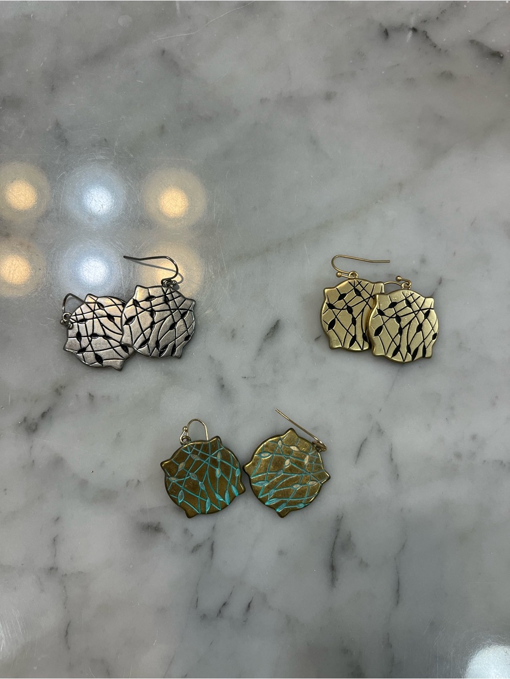 Geometric Leaf Dangle Earrings - Silver, Gold, Patina